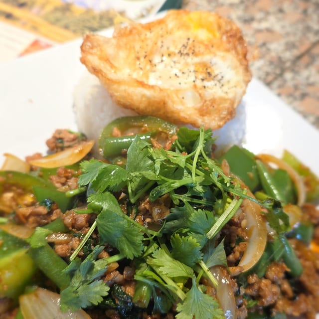 Pork & Holy Basil Stir-Fry (Pad Kra Pao) + Sunny-Side-Up Egg.