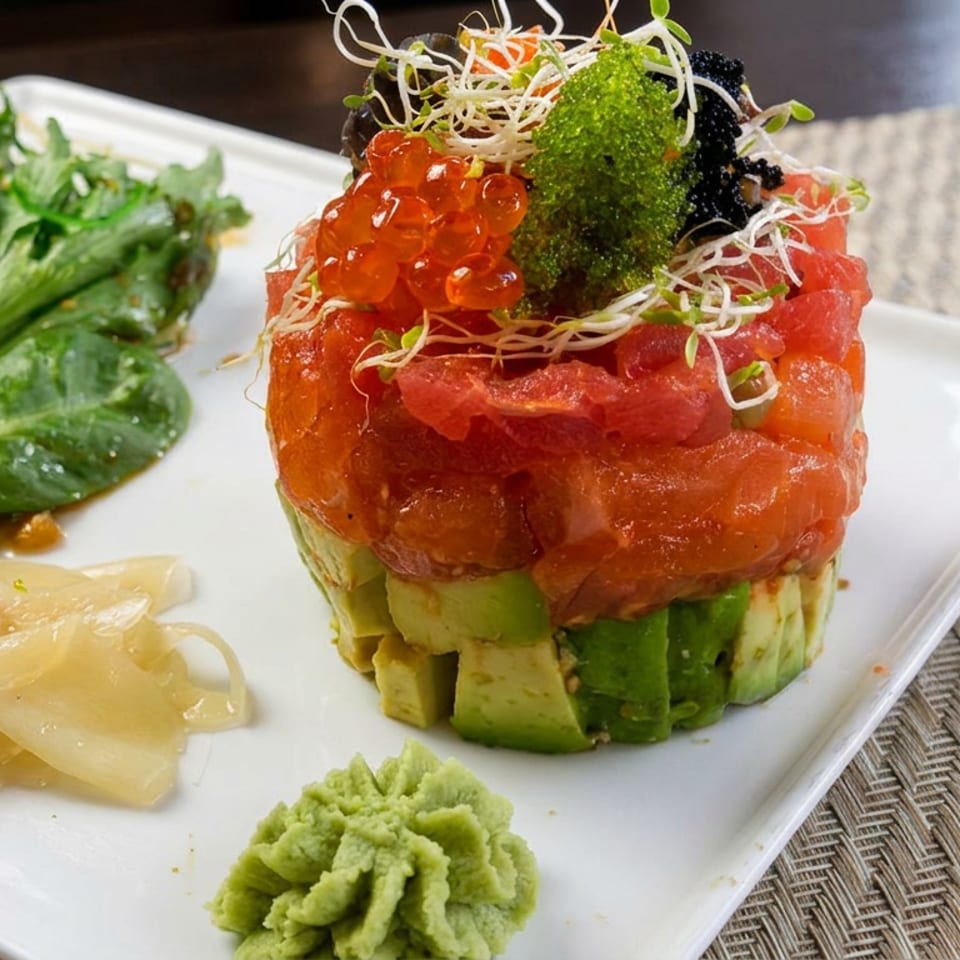 Layered tuna tartare and avocado tower topped with roe, sprouts, and wasabi, served with greens and pickled ginger.