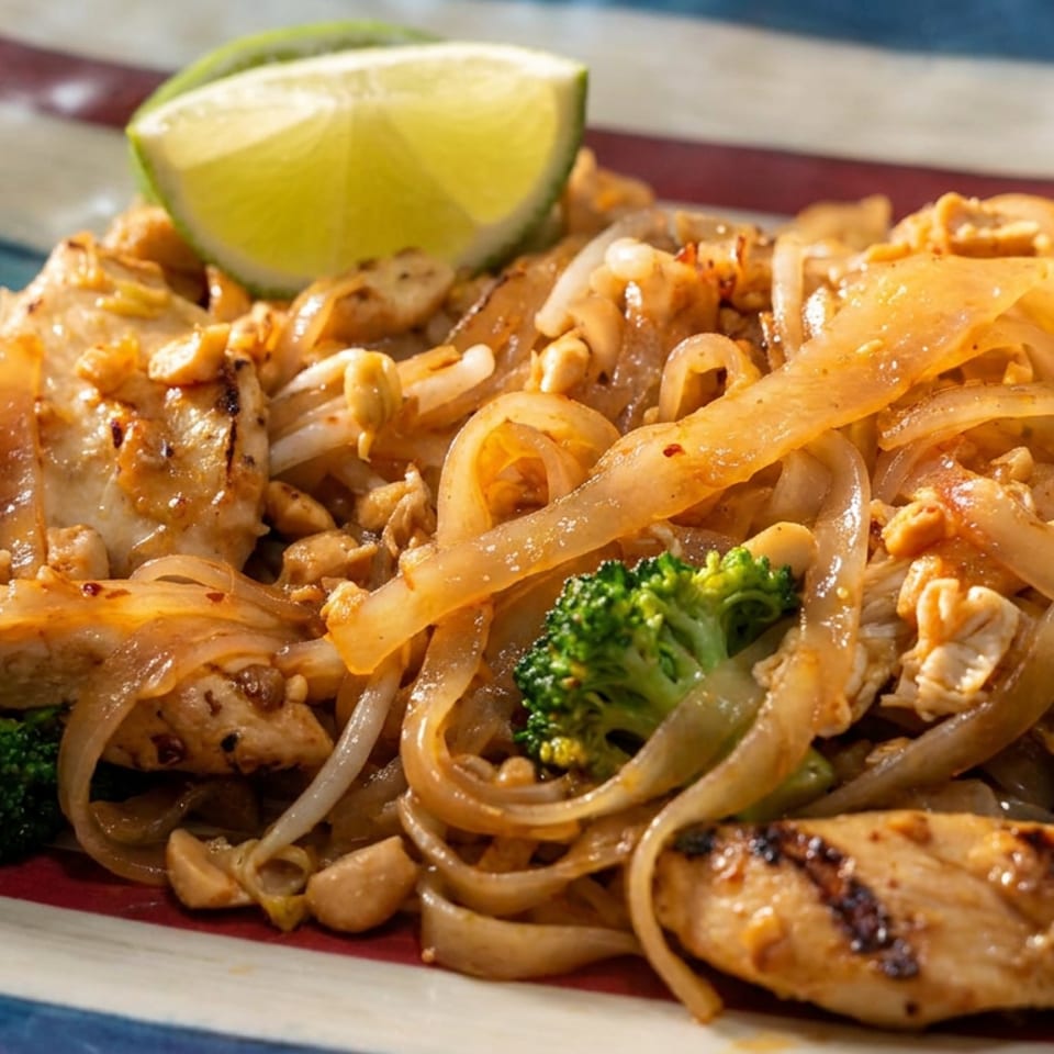 Stir-fried chicken and noodles with broccoli, sprouts, crushed peanuts, and lime wedge on a colorful plate.