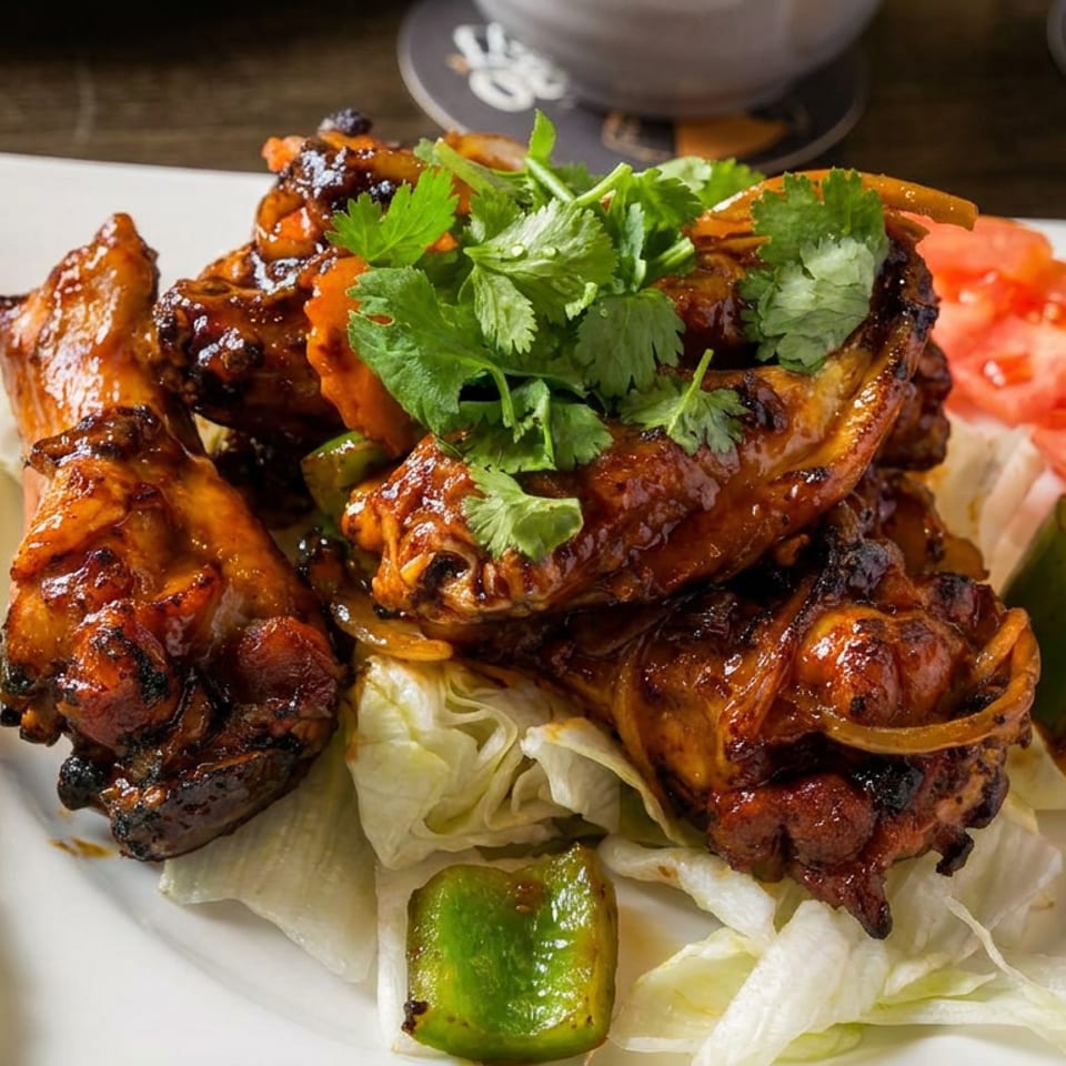 Glazed grilled chicken wings topped with cilantro, served on lettuce with cucumber, tomato, onion, and lime.